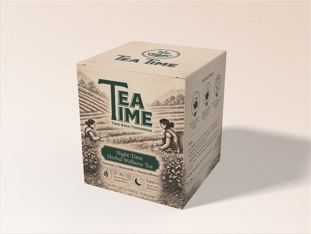 Tea Time Night-Time Herbal Wellness Tea box, angled view