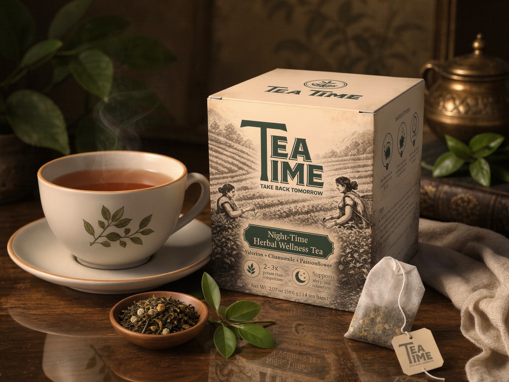 Tea Time Night-Time Herbal Wellness Tea brewed in a cup beside the box